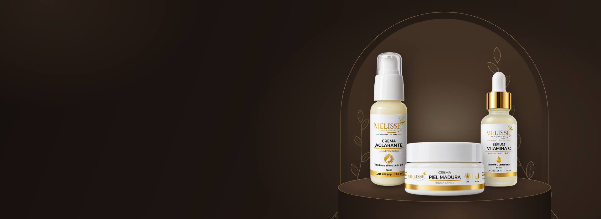 Productos Melisse sobre fondo oscuro con detalles dorados